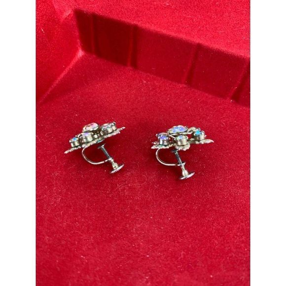 Vintage Antique Earrings Aurora Borealis Clear Snowflake Screw Clasp 1" 1639 - Picture 3 of 6